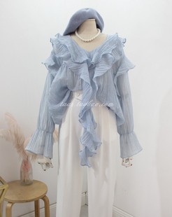 婴儿蓝娃娃衫2024春夏，女装法式浪漫荷叶，边v领宽松温柔超仙的上衣