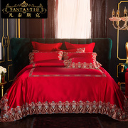 欧式结婚四件套婚床上用品蕾丝，高档婚庆床品大红色，喜庆被套十件套