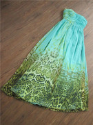 1211a绿色清新雪纺印花抹胸钉珠，长款外贸晚礼服裙宴会年会度假