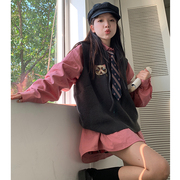 大码女装秋季胖mm时尚两件套韩版刺绣小野猫连帽马甲+藕粉色衬衫