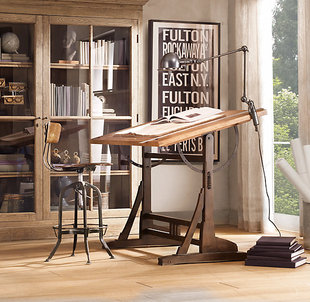 欧式书法桌铁艺绘图桌美术，办公桌设计师书桌实木工作台绘画桌简约