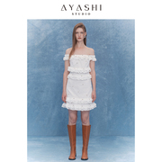 AYASHISTUDIO原创设计白色一字领刺绣纯棉连衣裙女荷叶边优雅裙子