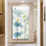 网红荷花新中式纯手绘油画，荷叶玄关装饰画客厅，抽象蓝色花卉肌理画