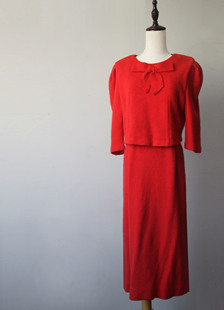 vintage小众古着复古日本制红色连衣裙羊毛质感修身气质