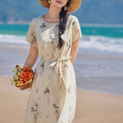 夏中国风女装水墨印花苎麻系带，长款连衣裙圆领长裙a字长裙