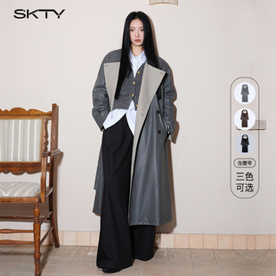 SKTY秋冬季设计感法式赫本风时尚复古大衣廓形PU长款风衣皮衣外套