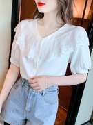 夏季韩版蕾丝边拼接气质超仙上衣小心机短袖衬衫白色上衣女装