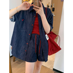 爱情魔鬼鱼 牛仔套装女2025春夏新款衬衫吊带背心阔腿短裤三件套