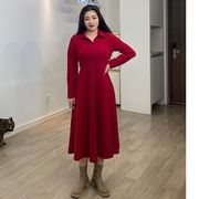 大码女装衬衫领红色，复古连衣裙长袖，2023年秋冬季气质显瘦裙子
