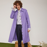 TMCOMM原创设计 紫色长款大领口复古风衣 袖口拼接荷叶边长外套男