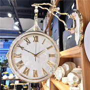 欧式客厅双面挂钟家用钟表实木时钟美式创意，时尚石英钟静音两面钟
