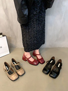高跟红色玛丽珍鞋子女2023年法式复古方头小皮鞋法式单鞋