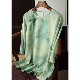 桑蚕丝双绉国风水墨画圆领，宽松蝙蝠袖真丝绿色，印花优雅中式上衣