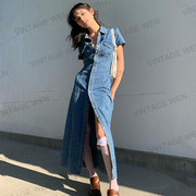 vintagewen美式辣妹深蓝色，翻领收腰显瘦修身牛仔连衣裙长裙百搭