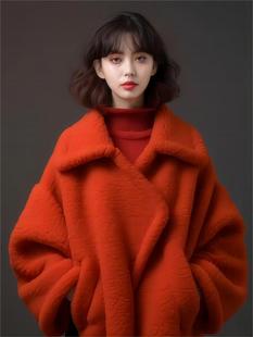 2023橘色羊羔毛大衣(毛大衣，)女装秋冬中长款气质，小香风毛呢外套小个子