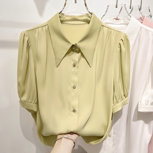 2023韩版修身显瘦翻领单排扣纯色短袖雪纺，衬衫女夏季薄款上衣