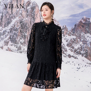 vilan慧兰商场款连衣裙女气质，冬时尚优雅高级感蕾丝拼接中裙