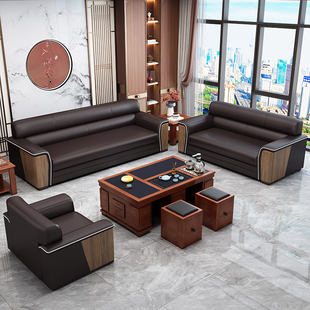 简约办公室办公沙发会客商务现代中式沙发，三人位茶几组合套装