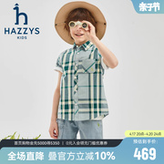 hazzys哈吉斯童装男童T恤2024夏季棉质学院格子短袖衬衫
