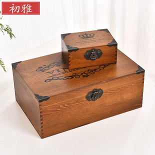 zakka欧式复古盒创意木质桌面证件储物盒实木盒大号带锁收纳盒