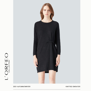 L'ORFEO/奥菲欧通勤低圆领长袖中长款打褶裙装针织衫时尚洋气