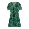 法式复古绿色碎花交叉v领短袖收腰系带连衣裙，夏季小个子气质短裙