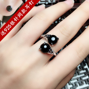 925纯银黑色玛瑙食指戒指女时尚，潮流饰品可调节韩版个性黑不掉色