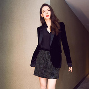 秋季丝绒小西装外套女韩版中长款修身职业收腰英伦风休闲西服