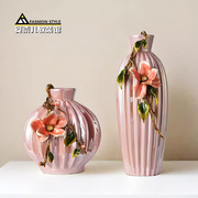 珠光粉色陶瓷花瓶天鹅摆件新中式家居客厅玄关酒柜珐琅彩工艺