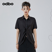 odbo欧宝设计感不规则百搭上衣2022年夏季短袖个性休闲黑色衬衫女