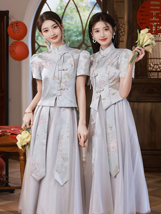 新中式婚礼伴娘服灰色2024夏季短袖秀禾裙姐妹服伴娘团礼服裙