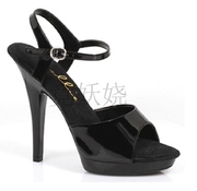 美国Ellie Shoes12.75cm性感黑色漆皮系带防水台高跟凉鞋露趾凉鞋