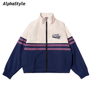 AlphaStyle春季户外运动外套 潮流拼接色刺绣舒适蝙蝠袖风衣