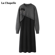 拉夏贝尔lachapelle秋冬新中式针织毛衣，黑色连衣裙两件套女套装