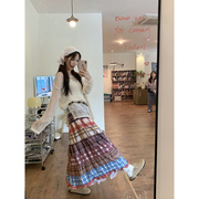 波西米亚套装女春季镂空薄款针织罩衫中长款彩色，格子半身裙两件套