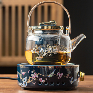 电陶炉煮茶器玻璃沏茶煮茶壶，烧水泡喝茶壶圆形大容量蒸汽围炉套装