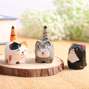 手工木雕小猫咪桌面摆件，木质雕刻工艺品呆萌可爱创意玩具玩偶