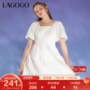 lagogo拉谷谷夏季高腰方领灯笼，袖甜美短袖，连衣裙女设计感白色