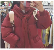 2023新年红色围巾连帽韩版棉服女短款棉衣百搭宽松加厚袄冬季外套