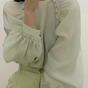 爱丽丝与花在途～韩国东大门温柔气质木耳边压褶圆领雪纺衬衣
