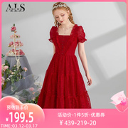 艾丽丝2024新年夏季中长款连衣裙，女红色短袖网纱蕾丝公主裙子