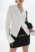 白色喇叭袖衬衫女2023春季小众设计辣妹修身显瘦收腰v领上衣