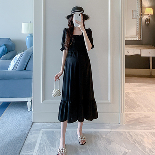 孕妇连衣裙法式夏季短袖中长款韩版时尚纯黑色显瘦气质外穿雪纺裙