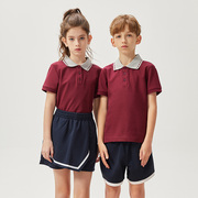 儿童学院风t恤中小学生夏季校服，套装男女童，透气枣红色短袖polo衫
