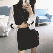 韩版秋装女2020长袖黑白，拼接连衣裙小香风清新直筒气质小黑裙