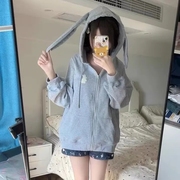 长袖休闲秋冬日系，运动灰色萌兔耳朵，外套女生刺绣拉链连帽卫衣