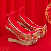 超高跟秀禾婚鞋女春秋内增高汉服，鞋红色坡跟，新娘鞋古风中式绣花鞋