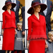 高级定制欧美时尚大牌红色单排扣羊毛西装外套+半裙职业套装裙冬
