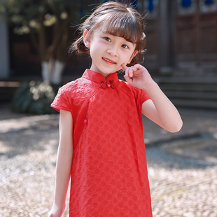 儿童旗袍夏季中式红色，中国风连衣裙小女孩改良版，纯色旗袍裙夏