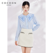 miss COCOON绣花衬衫春款优雅减龄大翻领长绒棉蓝色上衣
